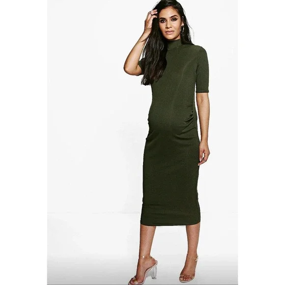 boohoo Maternity Soft Rib Racer Neck Midi Dress - Green - Size 8 boohoo Maternity Soft Rib Racer Neck Midi Dress - Green - Size 8